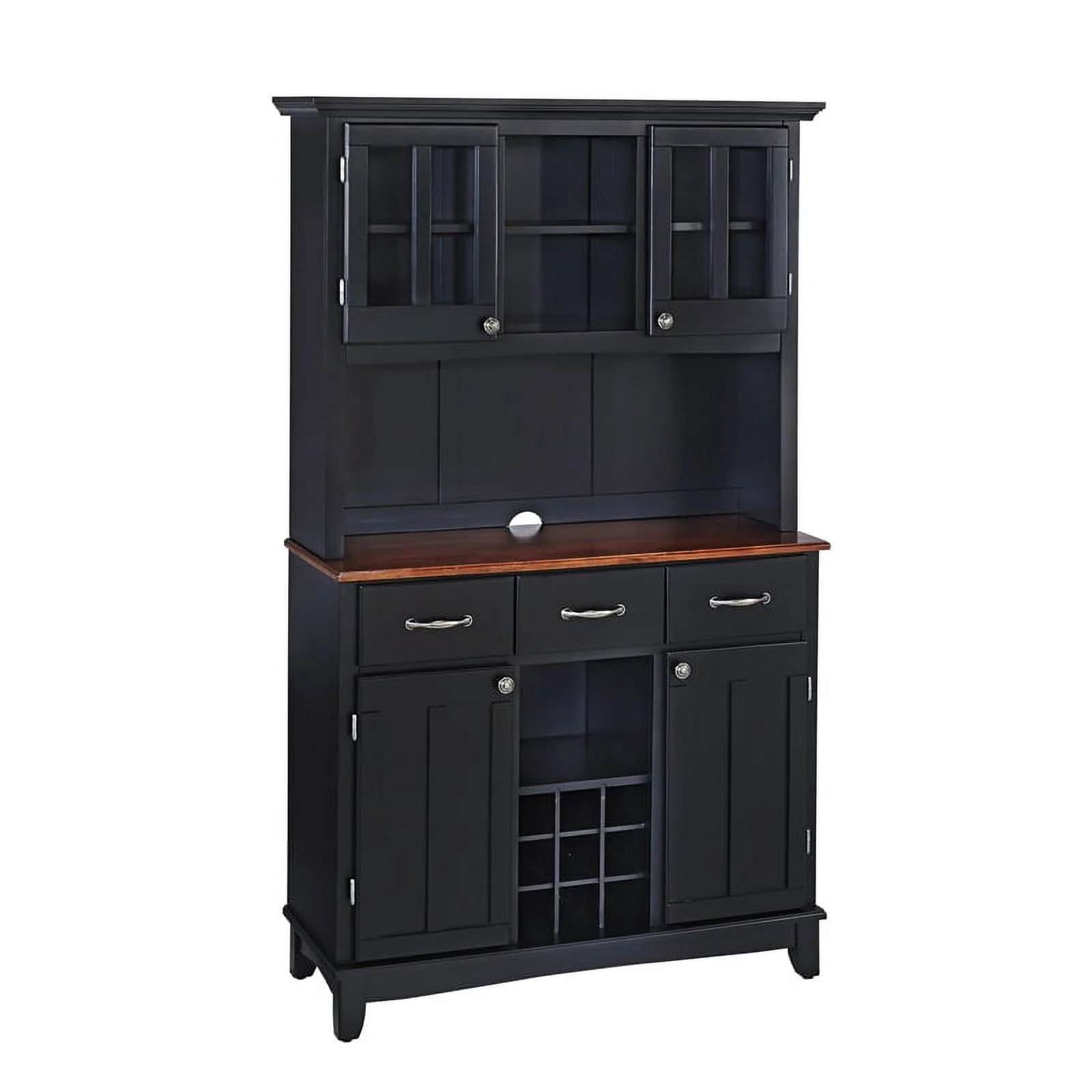 Pemberly Row Large Wood Buffet with Cherry Wood Top and 2-Door Hutch in Black