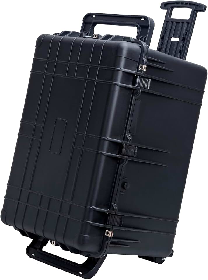 MEIJIA Portable Waterproof Protective Case,Hard Camera Case With Retractable Pull Handle And Rolling Wheels,Customizable Fit Foam Inserted,Elegant Black, 31.56