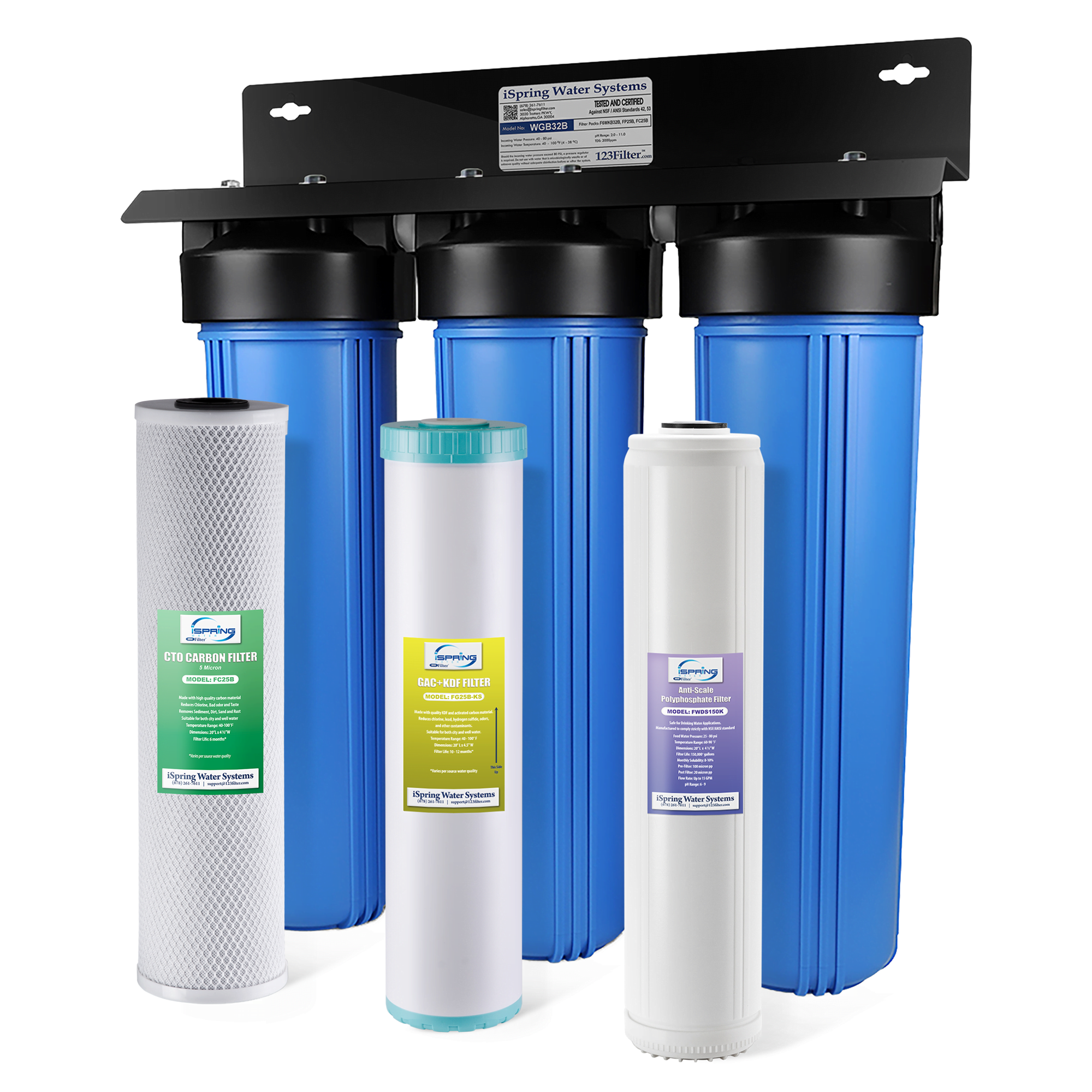 iSpring Whole House Water Filter System w/ Polyphosphate Anti-Scale, GAC+KDF, and Carbon Block Water Filters, 3-Stage Water Descaler and Water Filter, Model: WGB32B-KDS