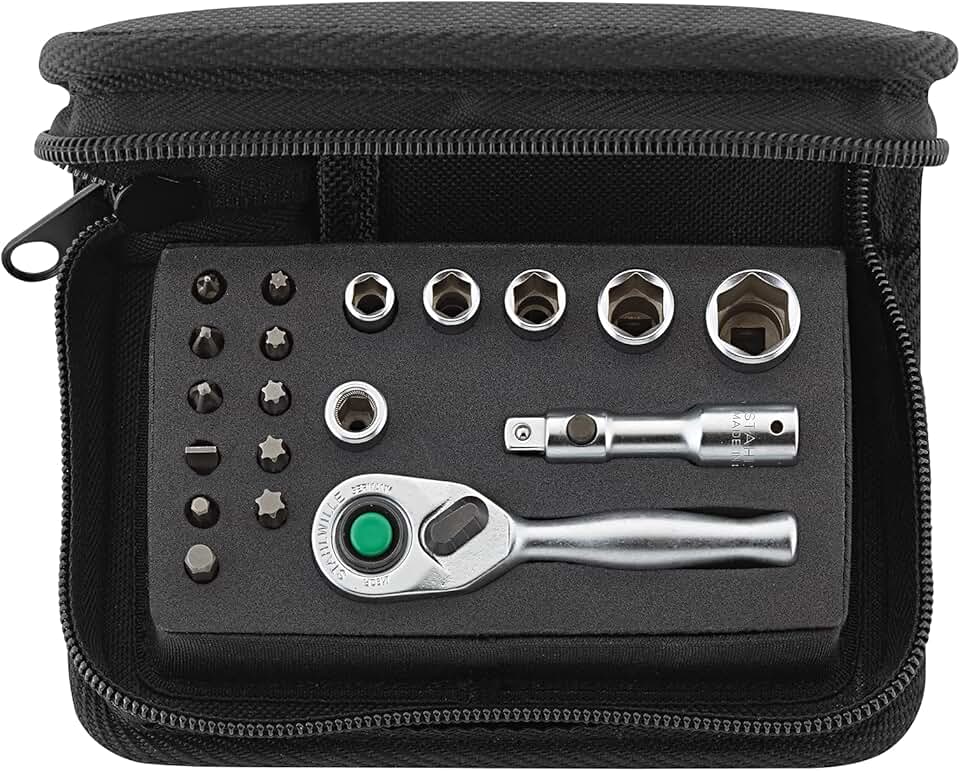 Stahlwille 40/16/3QR Socket Spanner Set 1/4 Inch Mini Ratchet, Bit Holder, Extension, Bits and Nuts l 19 Pieces in Soft Case l Made in Germany