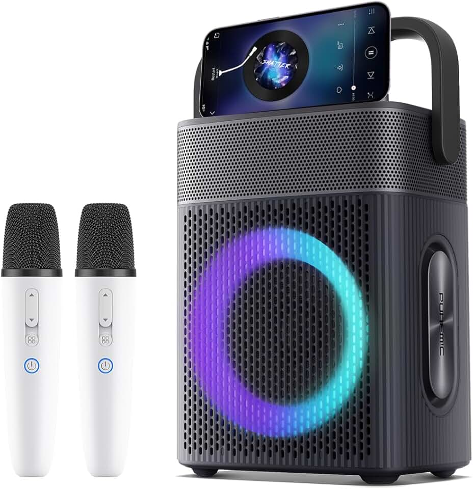Karaoke Machine with 2 UHF Wireless Microphones, IPX4 Waterproof Portable Bluetooth Speaker with Leather Bag for Samsung Apple TV Tesla Ford Car, Outdoor Speaker Karaoke Fit Bluetooth/AUX/USB (Black)
