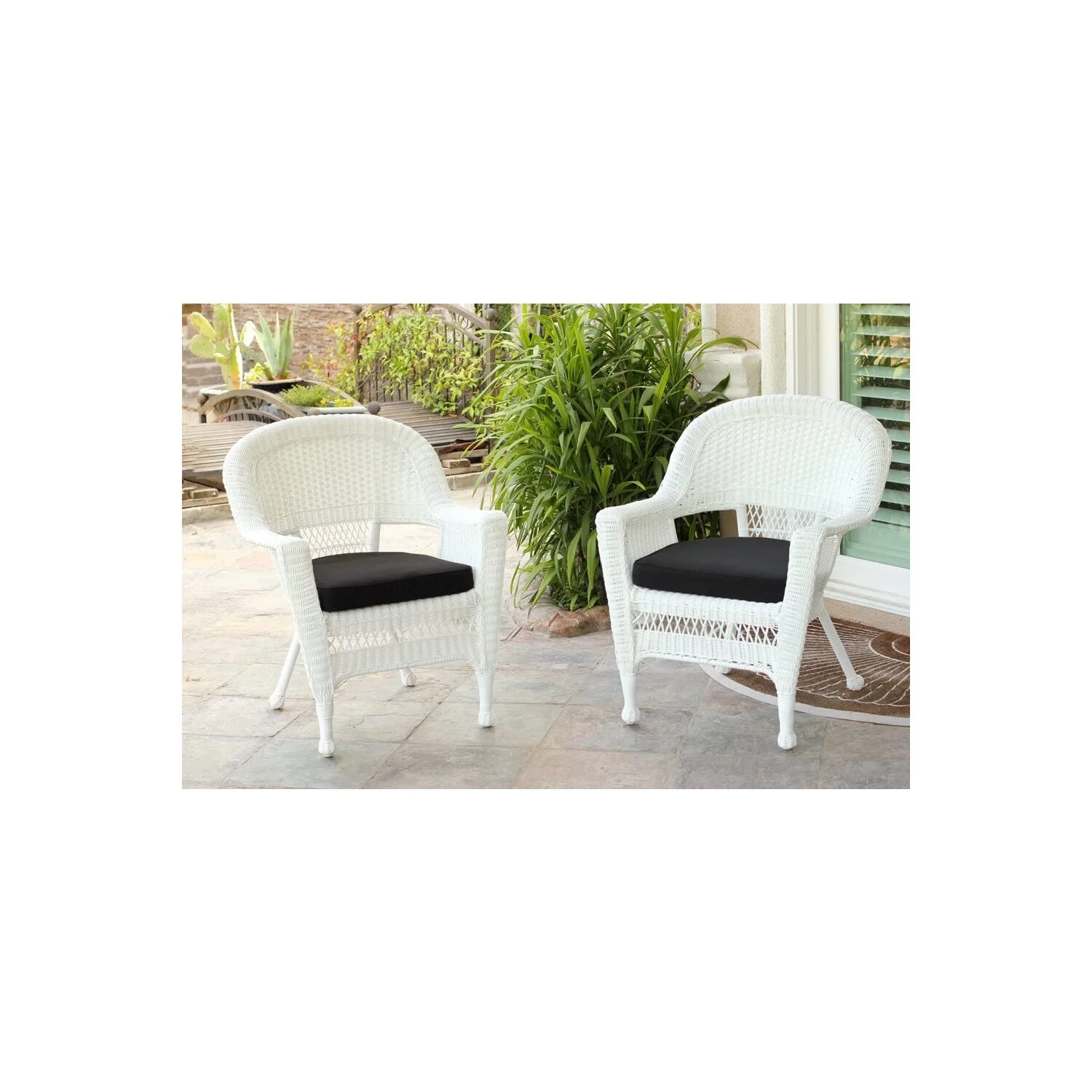 Jeco Wicker Chair in White with Black Cushion (Set of 2)