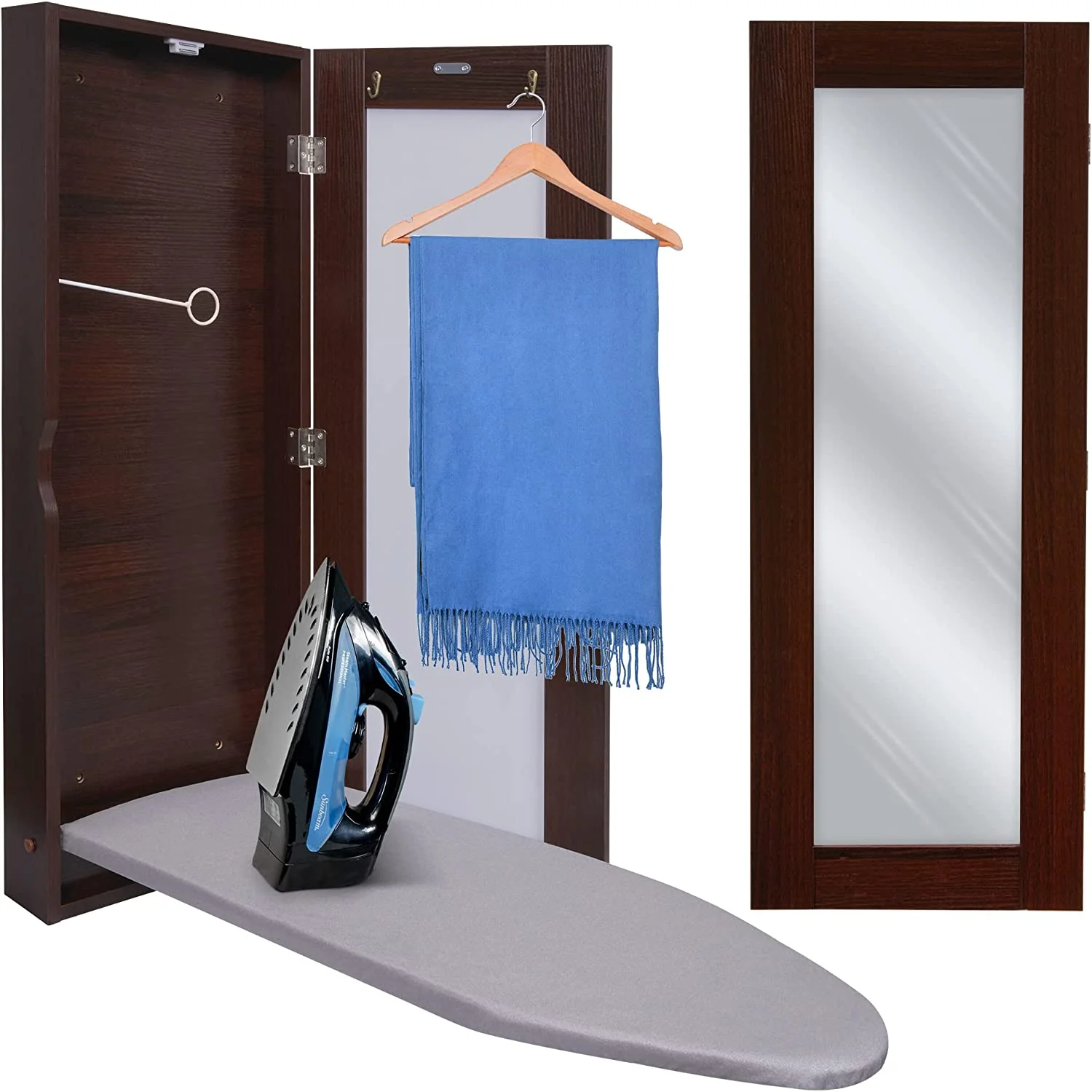 Ironing Board Cabinet, Foldable Ironing Storage Station for Home, Apartment & Small Spaces, Easy-Release Lever, with Miror Door, Walnut Color