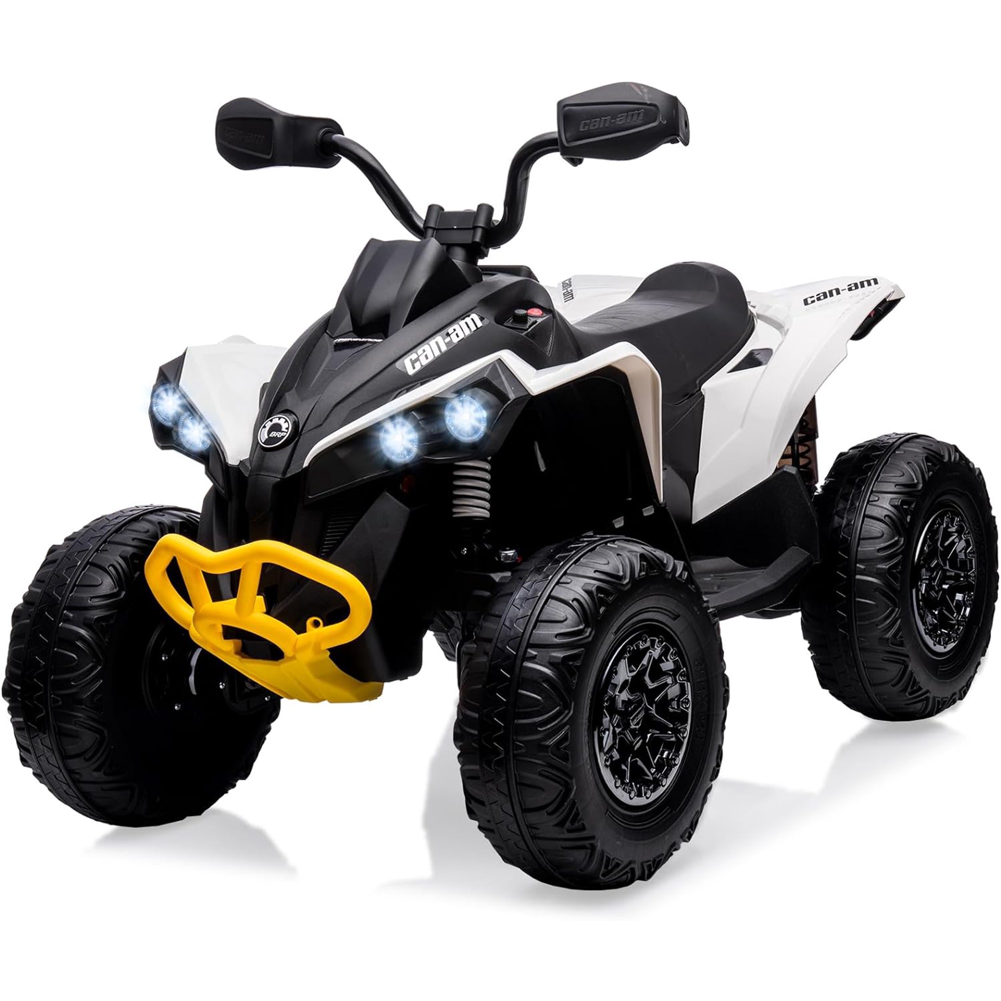 12V Kids ATV, Ride on Toy Car Bombardier Licensed 4 Wheeler Quad Electric Vehicle w/LED Lights, Music, USB, Treaded Tires, White