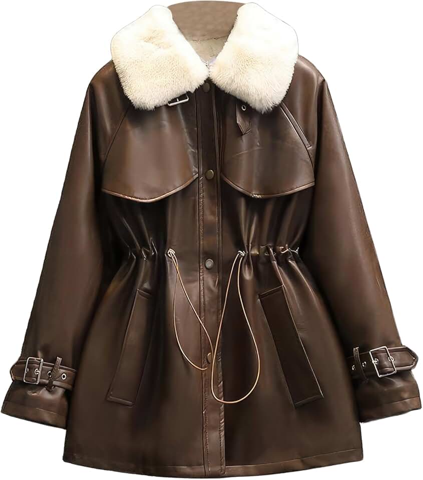 Women’s Auburn Genuine Sheepskin Sherpa Shearling Faux Fur Lined Thick Oversized Waist Drawstring Leather Jacket