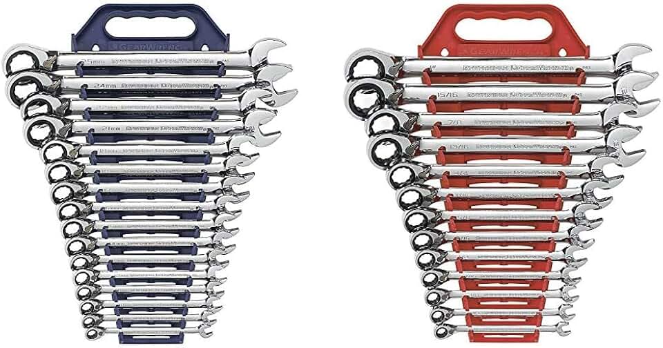 GEARWRENCH 16 Pc. 12 Point Reversible Ratcheting Combination Metric Wrench Set - 9602N & GEARWRENCH 13 Pc. 12 Point Reversible Ratcheting Combination SAE Wrench Set - 9509N