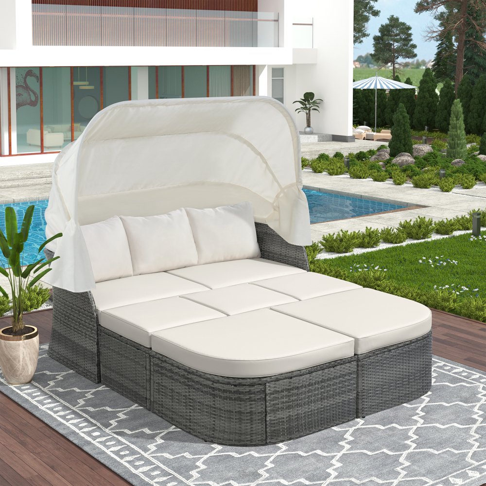 Outdoor Patio Daybed with Retractable Canopy, Wicker Sectional Seating Sunbed Conversation Sofa Set with Lift Coffee Table