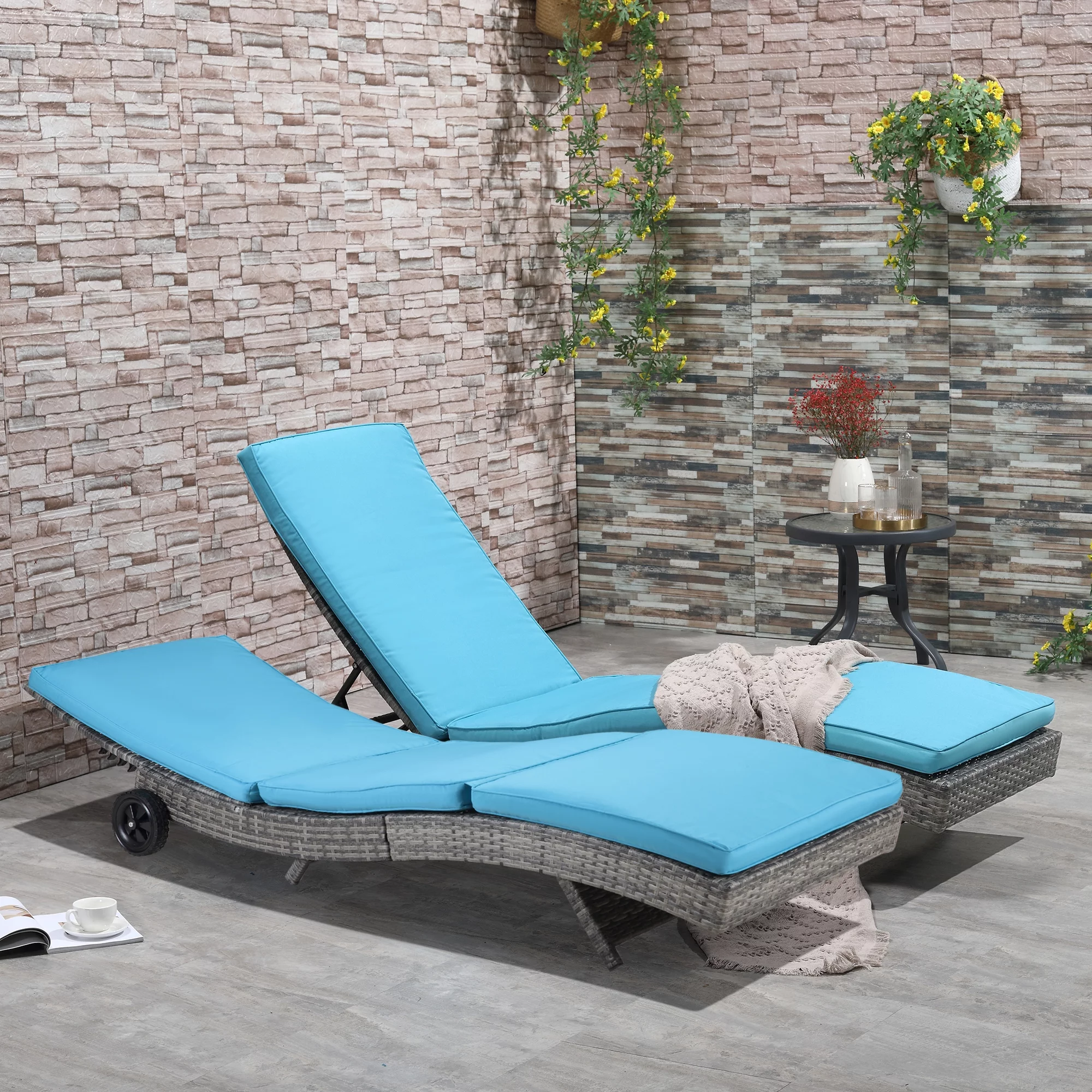 Outsunny Chaise Lounge Pool Chair Set of 2, Reclining, Wheels, Sky Blue