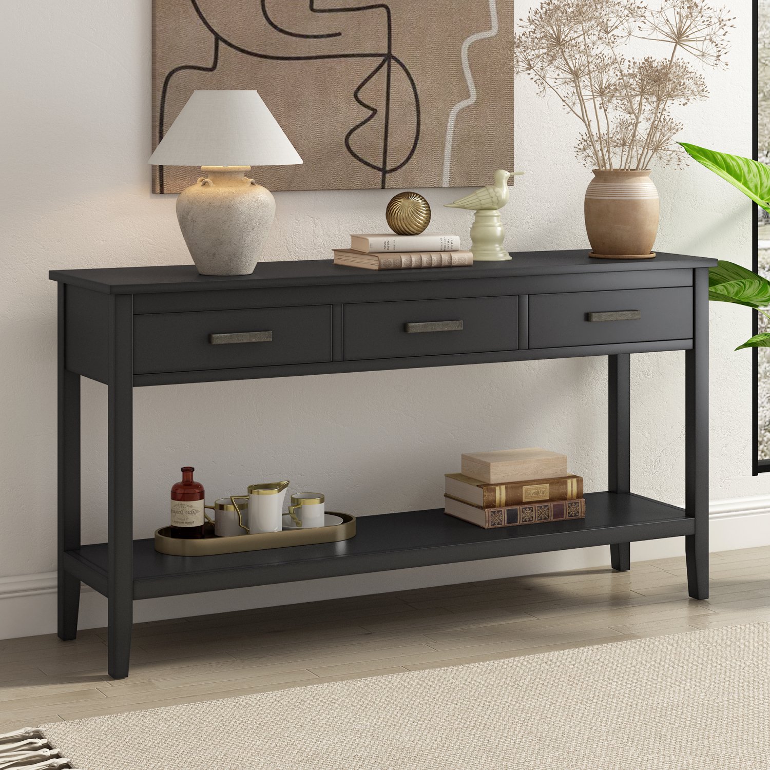imerelez Contemporary 3-Drawer Console Table with Shelf, Entryway Hallway Living Room Foyer Furniture