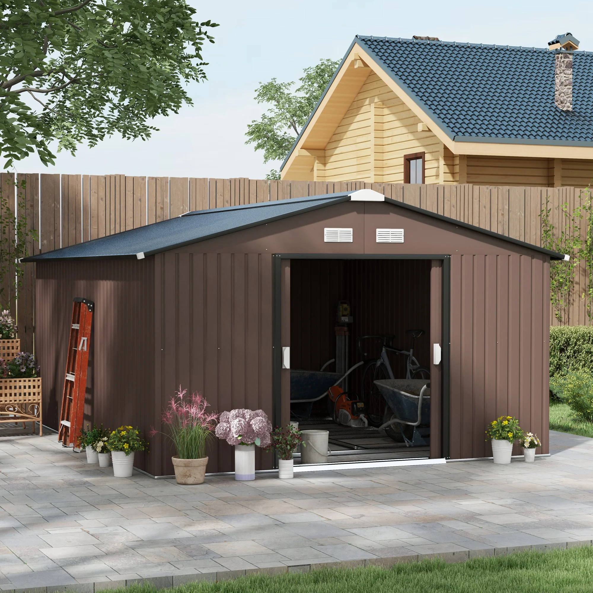 Outsunny 11' x 13' Storage Shed Garden Tool House w/ Vents Doors Brown