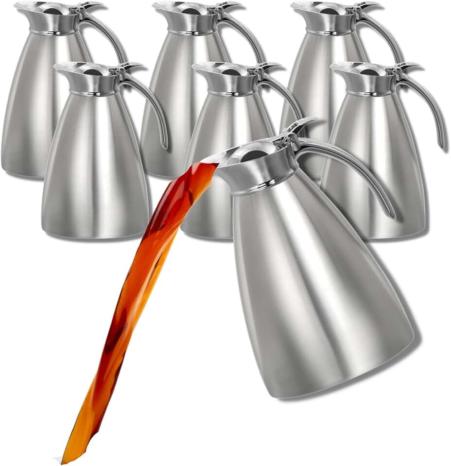 7502WL003 Stainless Steel Coffee Carafe, Tea, Hot Water Server Beverage Pitcher Pot, Satin Finish Metal, Thermal Triple Wall Thumb Press Lid, 1 Qt, 12 Pc