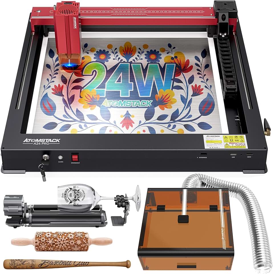 A24 PRO 24W (Basic), with Laser Engraver & B3 Enclosure & R2 V2 Laser Rotary Roller, 24W Output Power Laser Cutter, for Wood Metal Acrylic Craft