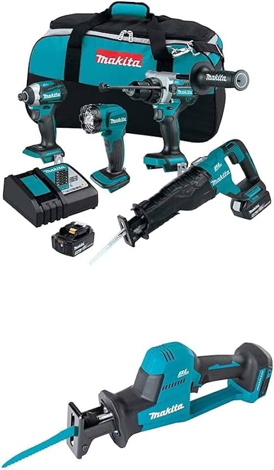 Makita XT453T 18V LXT® Lithium-Ion Brushless Cordless 4-Pc. Combo Kit (5.0Ah) with Makita XRJ08Z 18V LXT® Lithium-Ion Brushless Cordless Compact One-Handed Recipro Saw, Tool Only