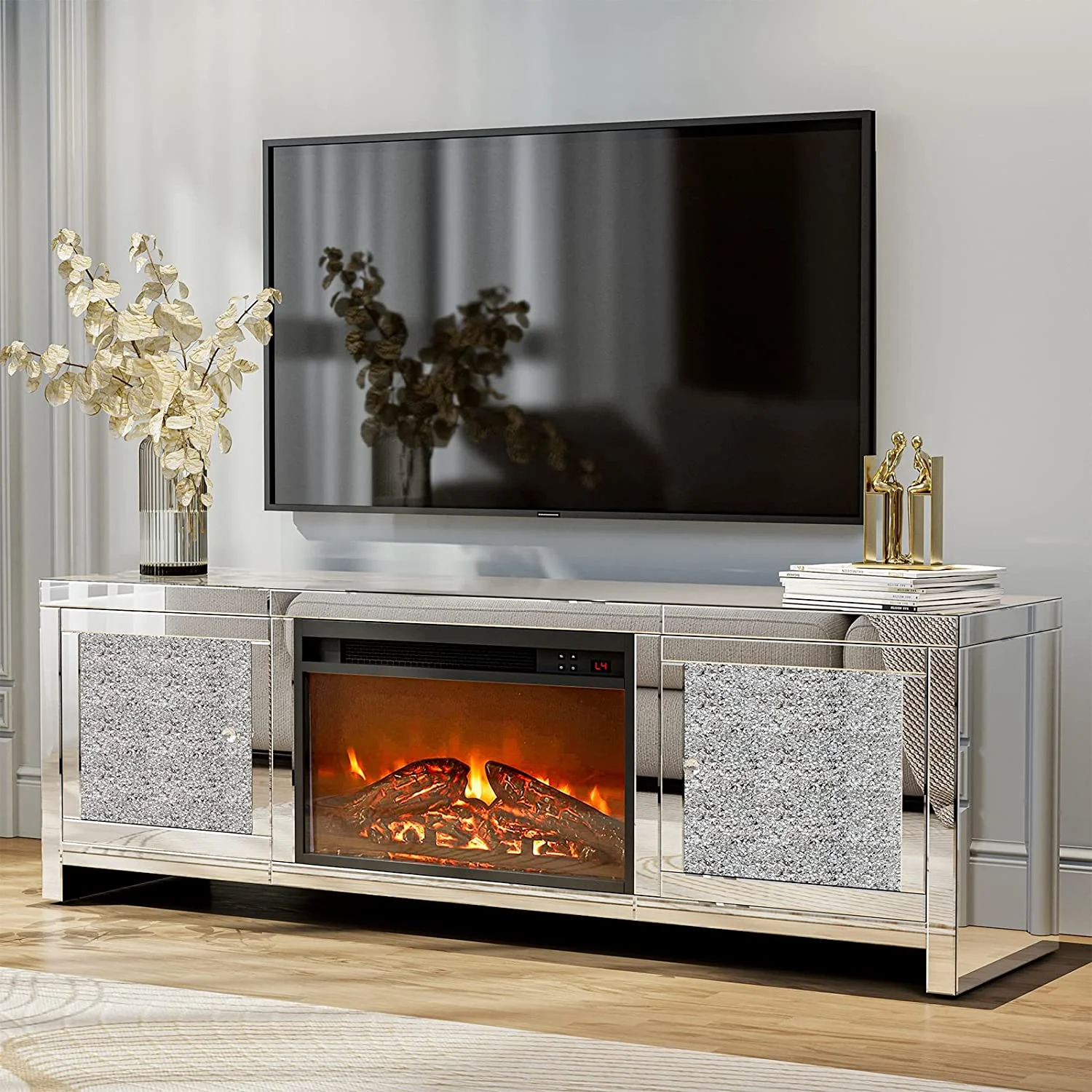 IKIFLY Mirrored TV Stand with Fireplace, TV Stand for 65+ inch TV, Mantel Freestanding Heater w/7 Colors Changing &3D Realistic Flame Effect, Silver Entertainment Center Furniture for Living Room