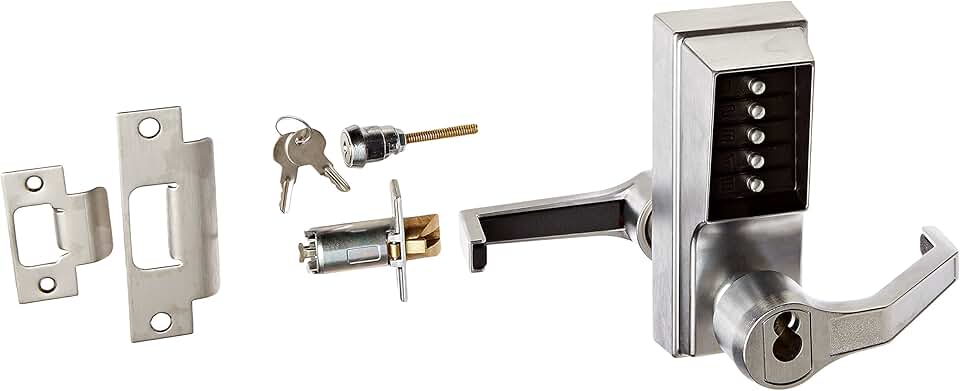 Kaba Simplex L1000 Series Metal Mechanical Pushbutton Cylindrical Lock with Lever, Combination Entry, Key Override and Privacy Lockout, 19mm Throw Latch, Beveled Face Plate, 70mm Backset, 44mm Door Thickness, R/C Schlage, Core Not Included, Satin Chr