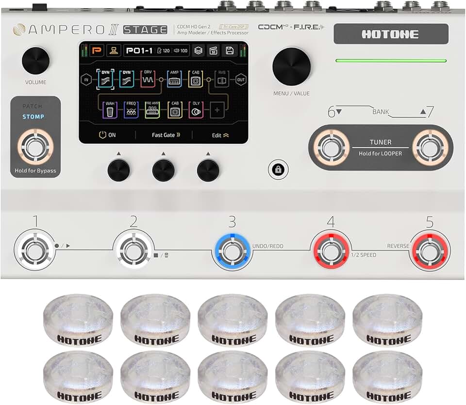 HOTONE Multi-Effects Pedal Dual Effect Chains with FX Loop MIDI I/O Stereo OTG USB Audio Interface Touch Screen Ampero II Stage(Include 10 PCS Additional Footswitch Toppers)