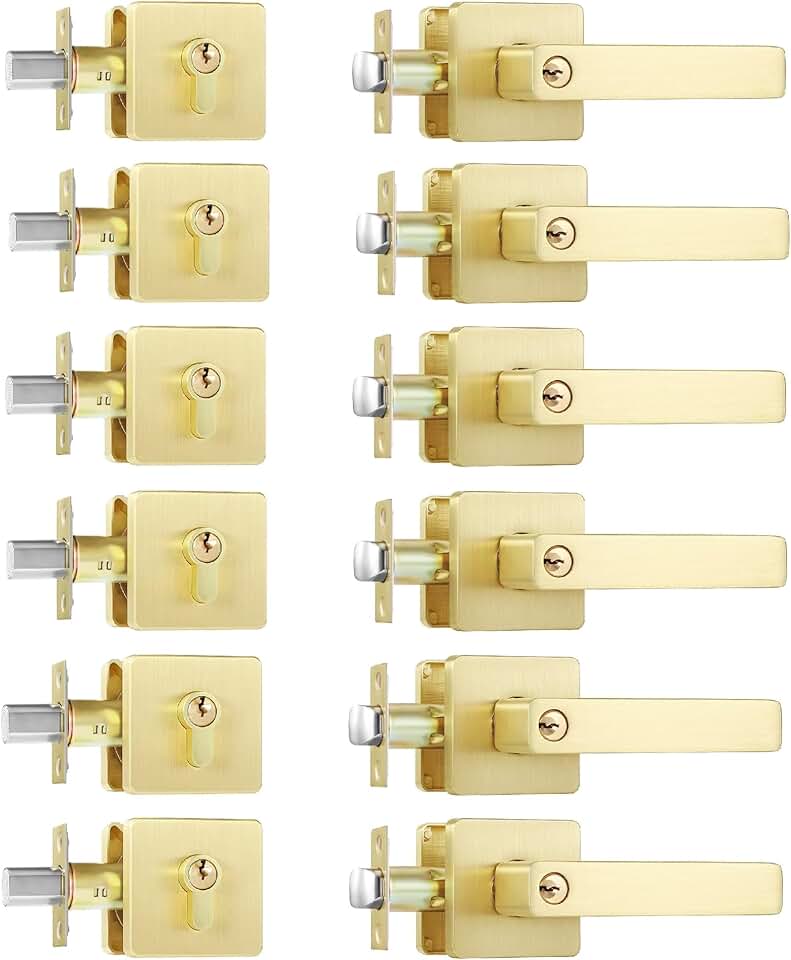 Leydebong 6 Pack Heavy Duty Entrance Lever Door Handleset for Office and Front Door Reversible for Right and Left Side Single Keyed Square Deadbolt Lock Finish in Satin Brass