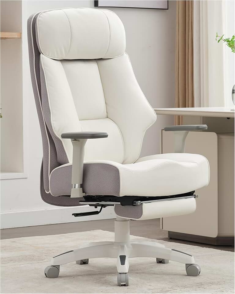 Big and Tall Office Chair 400lbs, Executive Office Chair with Foot Rest, High Back Office Chair with Back Support, Oversized Office Chair for Heavy People, Leather Office Chair White