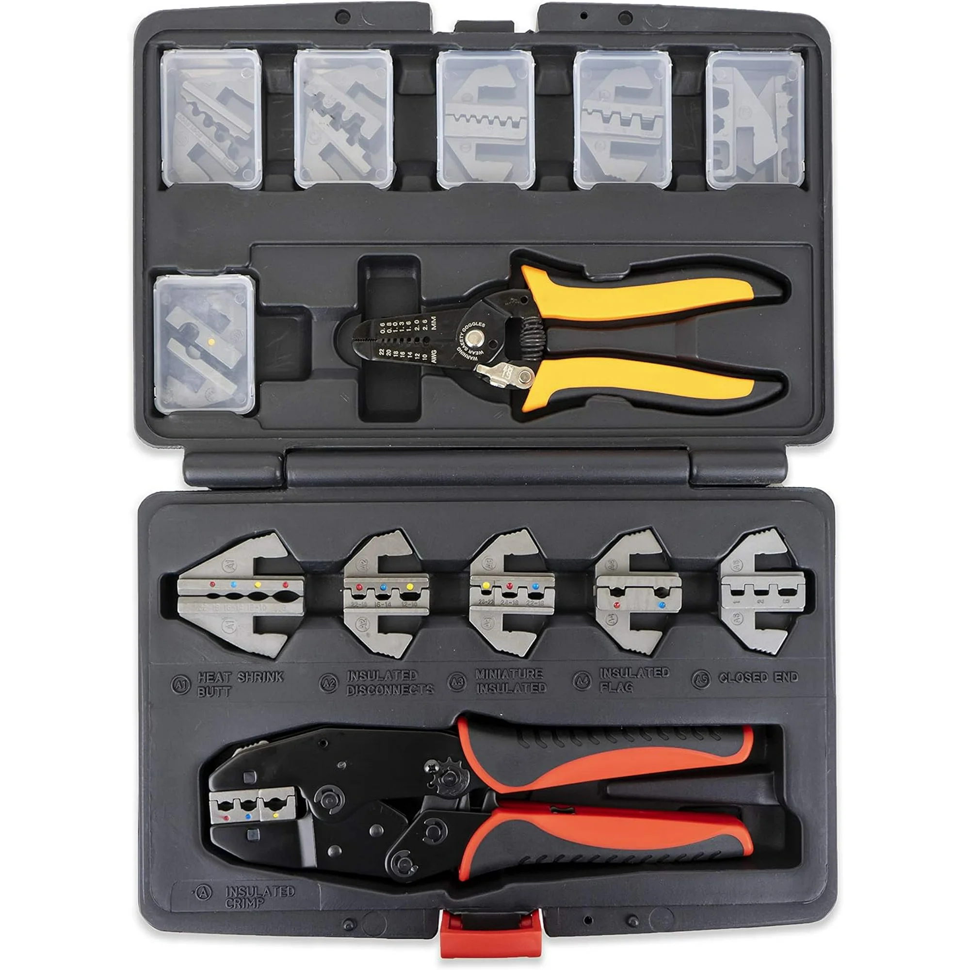 Interchangeable Ratcheting Terminal Crimper Set - 12 Sets With Wire Strippers (Insulated, Non-Insulated, Open Barrel)