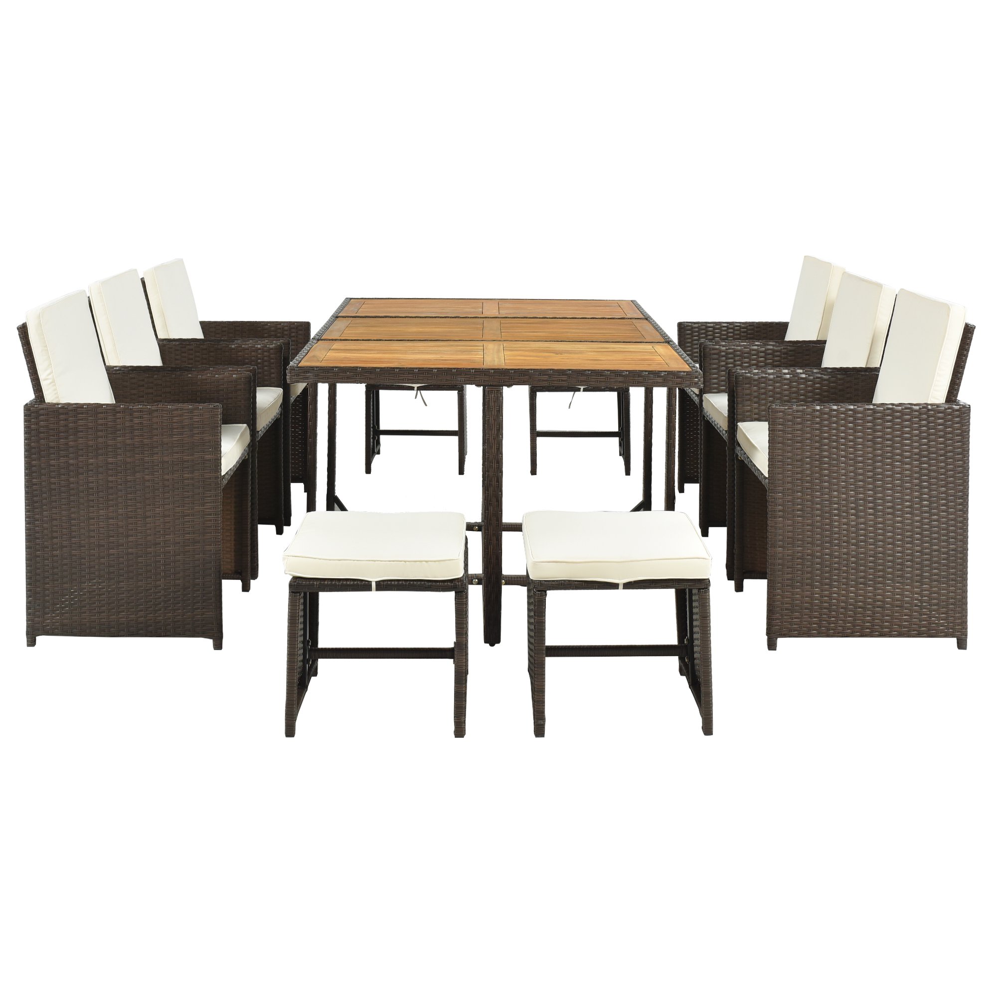 Outdoor Patio Dining Table Set, 11 Piece Rattan Furniture Set with 4 Stools, Resistant PE Wicker Set w/ Removable Cushions, Family Conversation Set for Backyards Garden, 330lbs, Beige, S5973