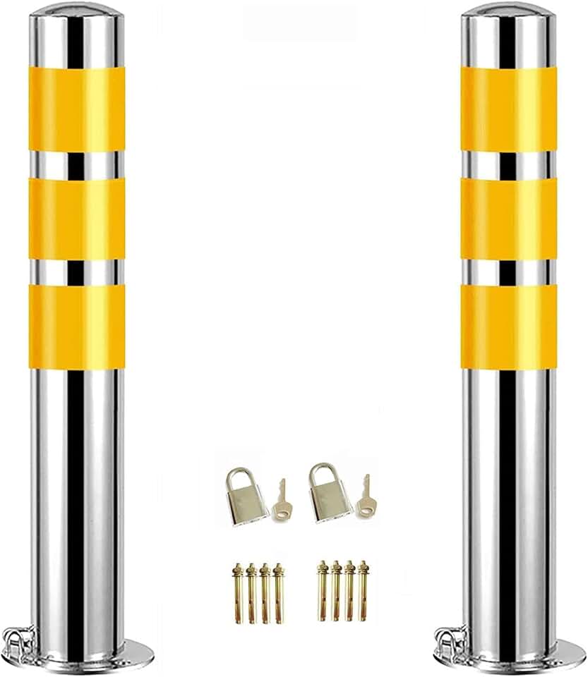 Security Parking Bollard Post 2pcs Security Posts for Driveways Concrete in Construction, Stainless Steel Road Safety Cone by with Reflective Strips，Parking Assistant for Garage (Size : 600mmHx76mmD(