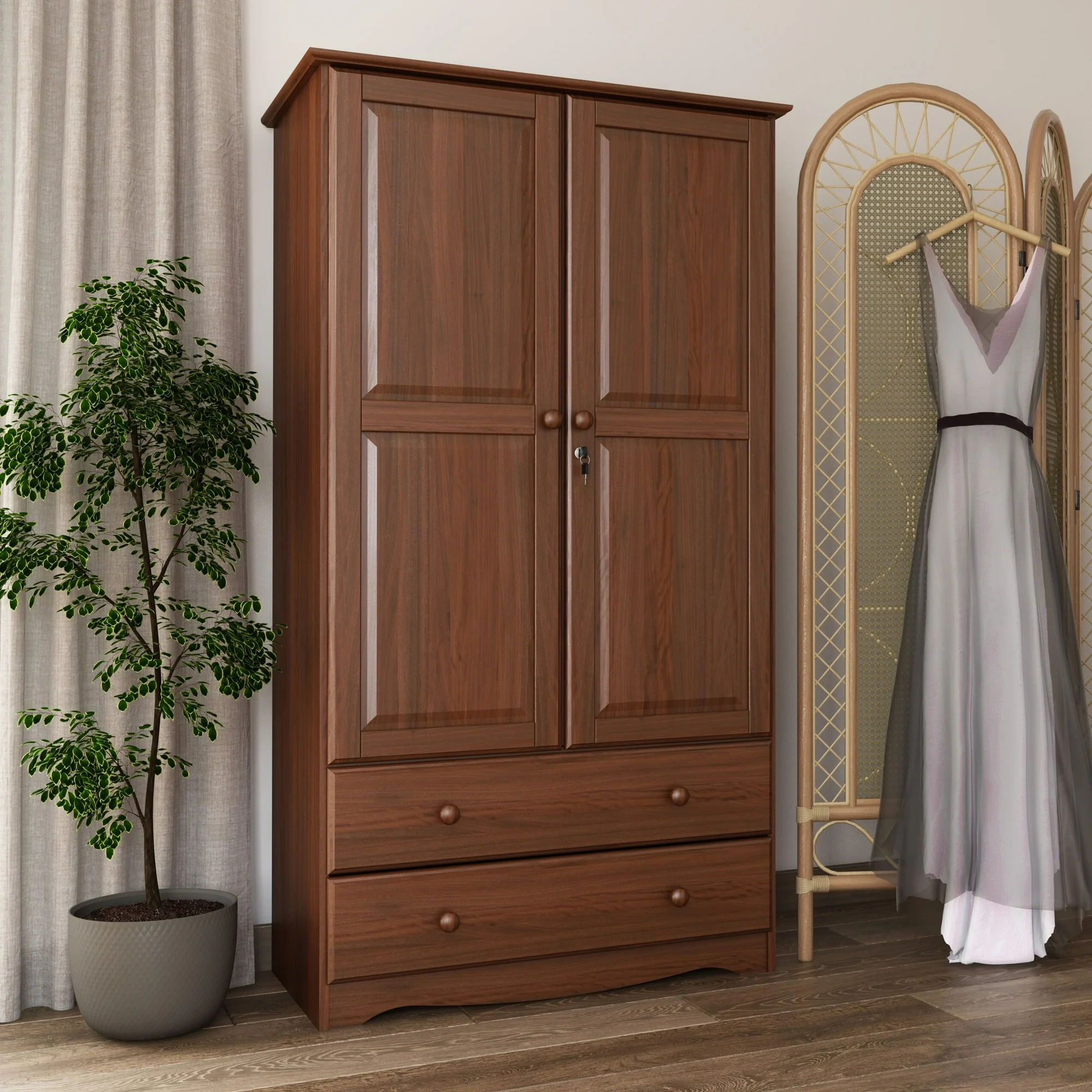 Palace Imports  100% Solid Wood Smart Wardrobe Armoire with 2 Drawers, Metal or Wooden Knobs Mocha Stained