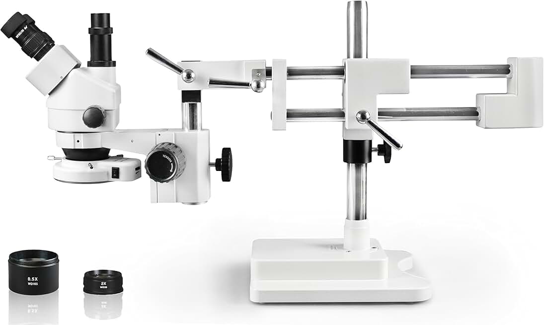 Parco Scientific PA-5FZ-IFR07 Trinocular Zoom Stereo Microscope,10xWF Eyepiece,0.7X-4.5X Zoom,3.5x-90x Magnification,0.5X&2X Auxiliary Lens,Double Arm Boom Stand,144-LED Ring Light