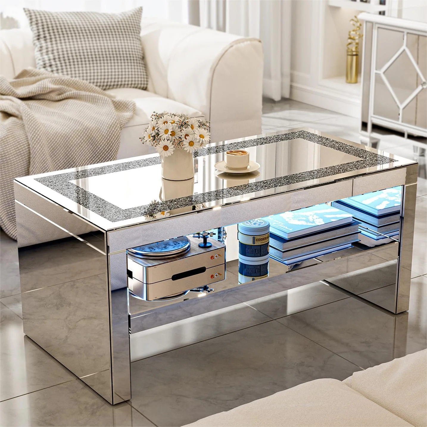 IKIFLY Mirrored Coffee Table with Crystal Board, LED Glass Rectangle End Table Coffee Tea Table with 2 Tier for Living Room Bedroom