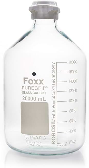 Foxx Life Sciences 1551040-FLS Borosil PUREGRIP Glass Carboys, Round, Clear, 83mm VersaCap, 20,000mL, 1/EA, Borosilicate Glass (Pack of 1)