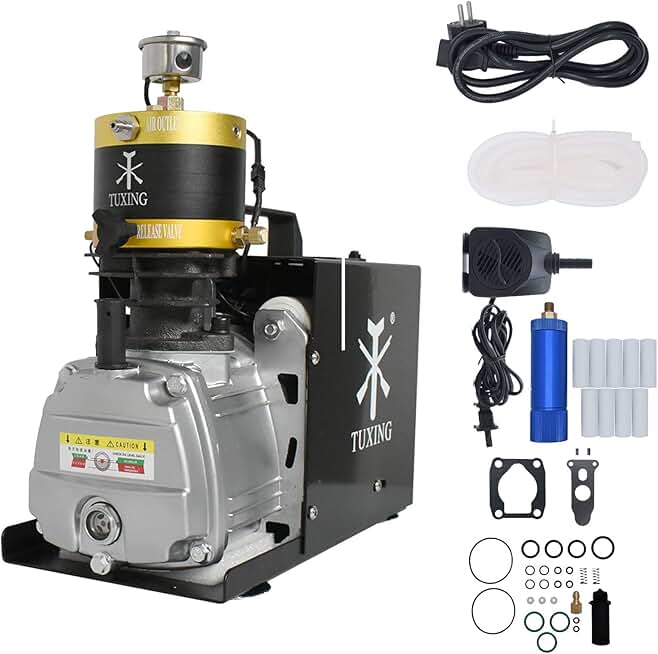 TUXING Pcp Air Compressor,4500Psi/30Mpa/300Bar Scuba Compressor, Adjustable Pressure Electric Compressor with Water/Fan Dual Cooling System for Pcp Air Rifle, Scuba Tank Charging Black
