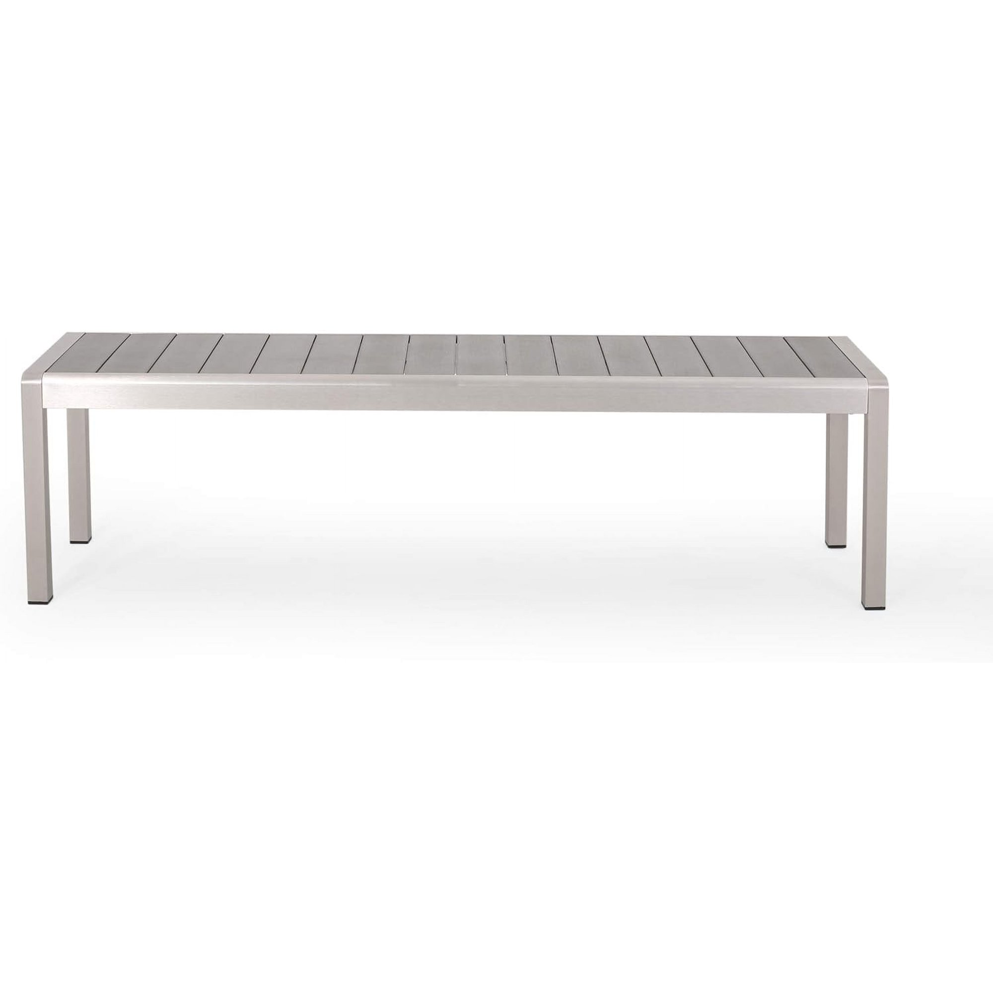 Outdoor Modern Aluminum Dining Bench with Faux Wood Seat, Gray and Silver