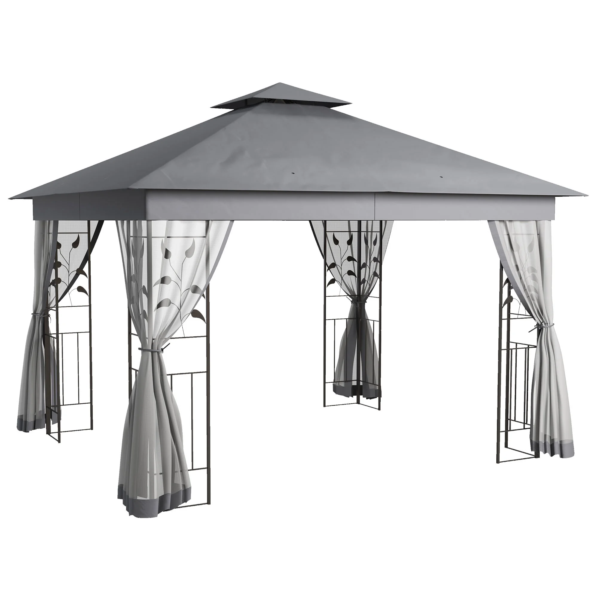 Outsunny 10' x 11.5' Metal Patio Gazebo, Double Roof Outdoor Gazebo Canopy Shelter with Tree Motifs Corner Frame and Netting, for Garden, Lawn, Backyard, and Deck, Gray