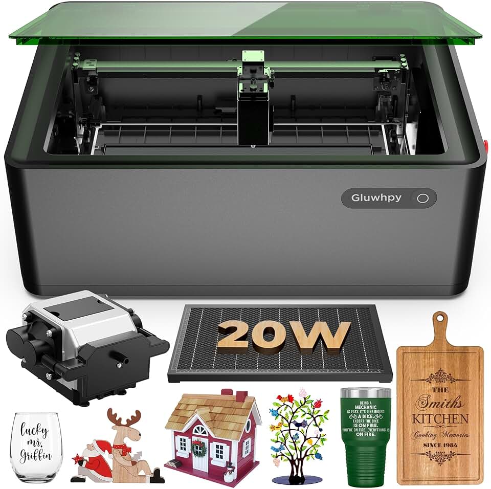 Gluwphy Class 1 20000mV(20W) Enclosed Engraving Machine with Air Assist Honeycomb, Turbo Fan Filtering Laser Cutter for Wood, Metal, Acrylic, Leather, Black