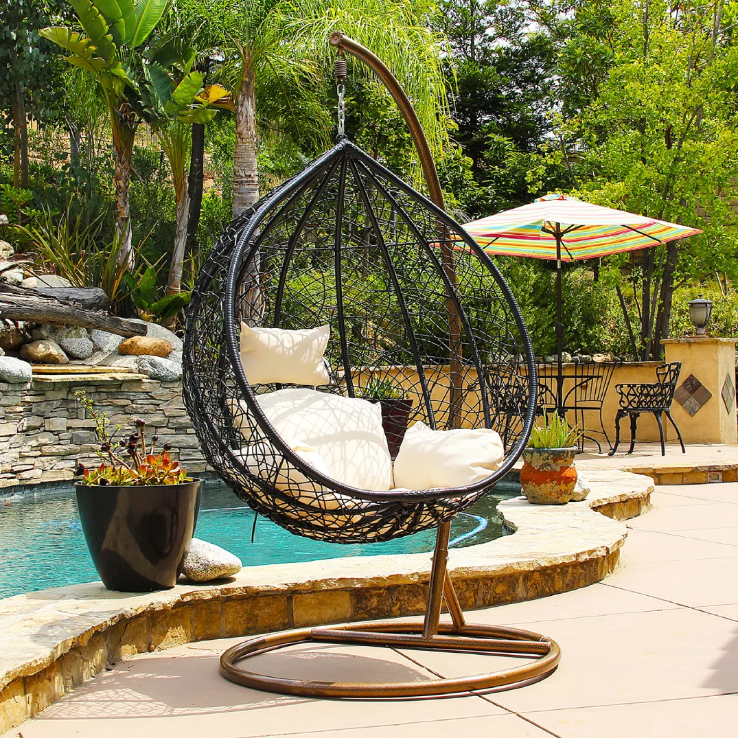 Patio Swing Chair  Nesting Outdoor Wicker Plastic Tear Drop Swing Lounge Chair with Beige Mat & Support Frame