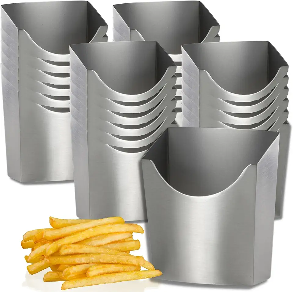 7600CV016 Stainless Steel French Fry Cup, Large Satin Silver Metal Finish Holder, 13 Ounces Reusable Serving Container, 3.5