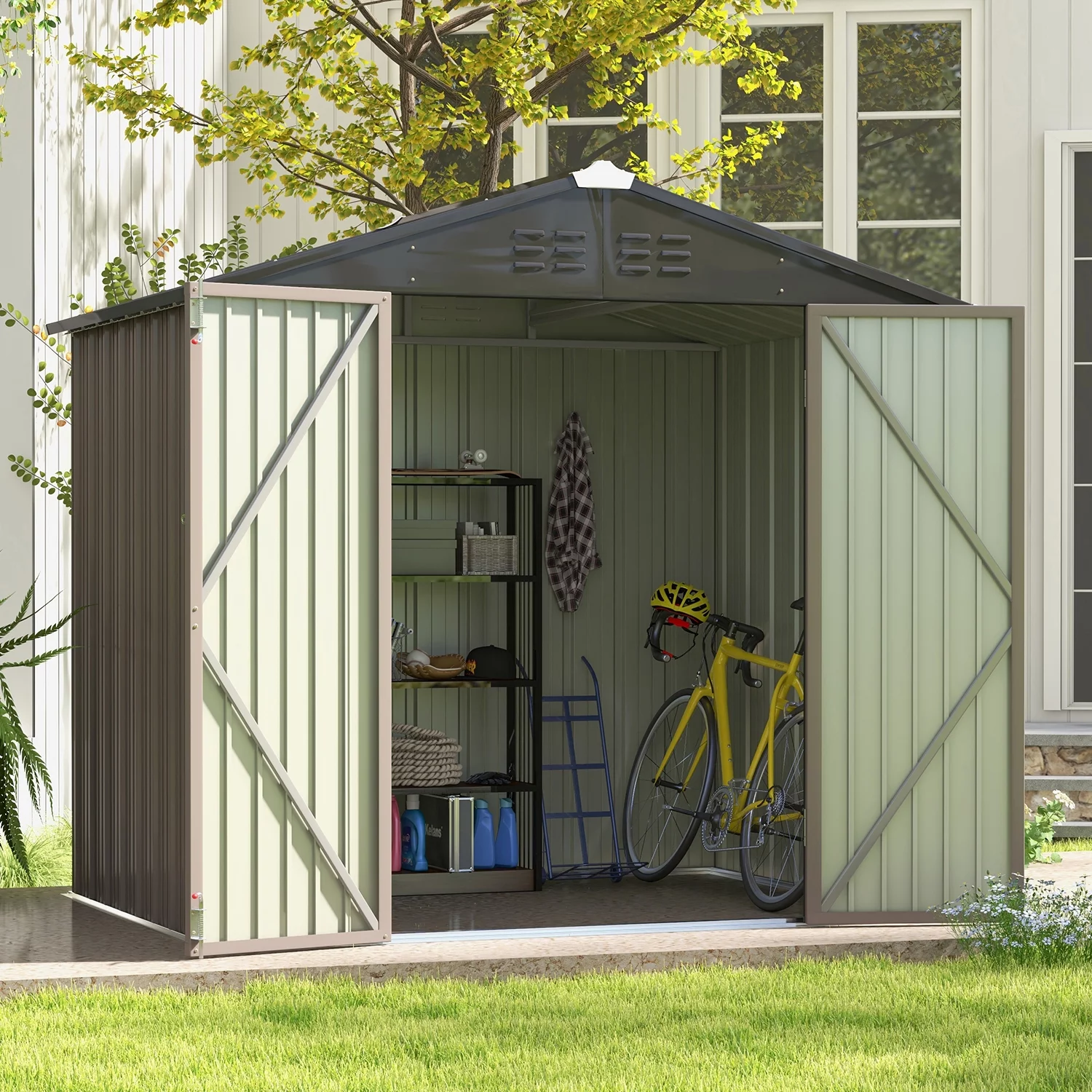 Patiowell 8' x 6' Outdoor Storage Shed Metal Shed with Sloping Roof and Lockable Door, Brown