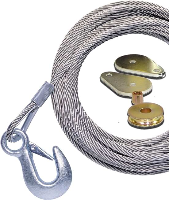 Powerwinch P1096600AJ 50' Stainless Steel Universal Premium Replacement Cable with Galvanized Hook and Swivel Pulley Block