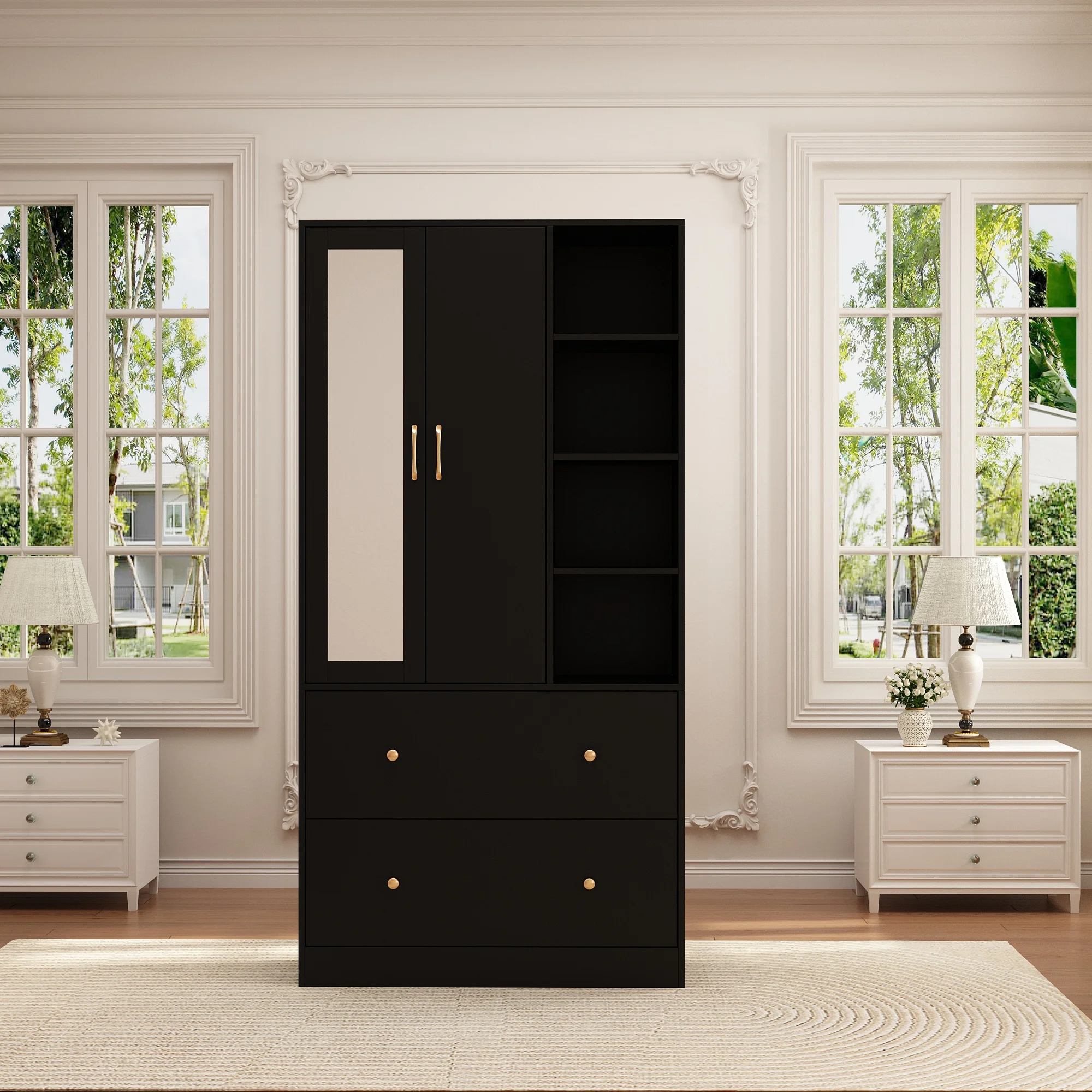 OXYLIFE 2 Door Wardrobe Armoire Closet Storage Organizer with 2 Drawers, Telescopic Clothing Rod and Shelves for Bedroom