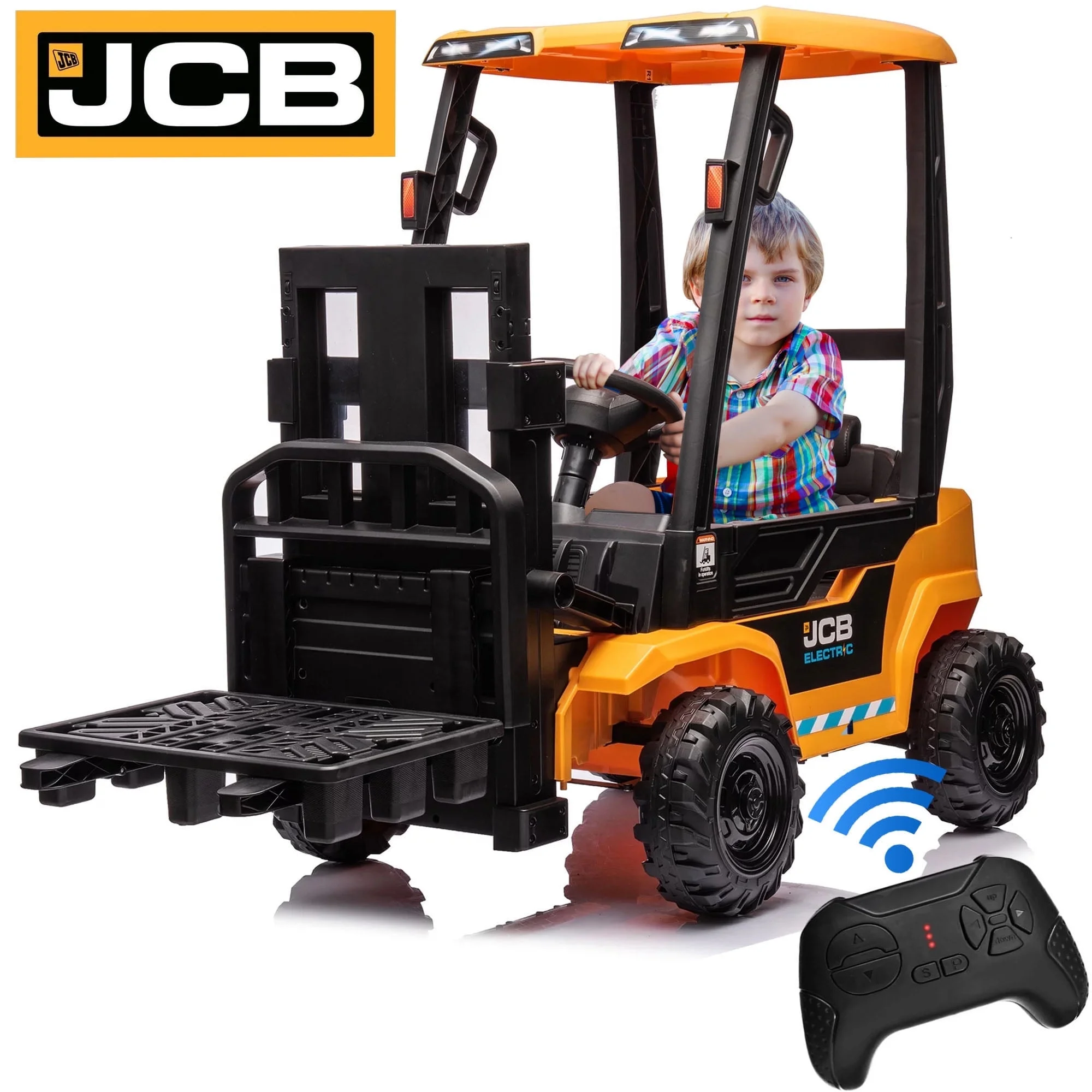JCB Forklift Toy, 12V Powered Ride On Construction Car for Kids with Remote Control, Liftable Fork and Pallet, 2 Speeds, Music, Storage Trunk, Tent for Kids Ages 3-6 Electric Car