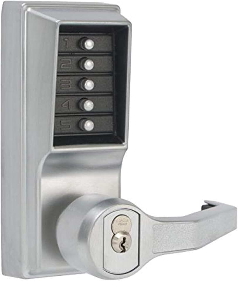 Kaba Simplex L1000 Series Metal Mechanical Pushbutton Cylindrical Lock with Lever, Key Override, 13mm Throw Latch, Floating Face Plate, 70mm Backset, R/C Sargent, Core Not Included, Satin Chrome Finish, Right Hand