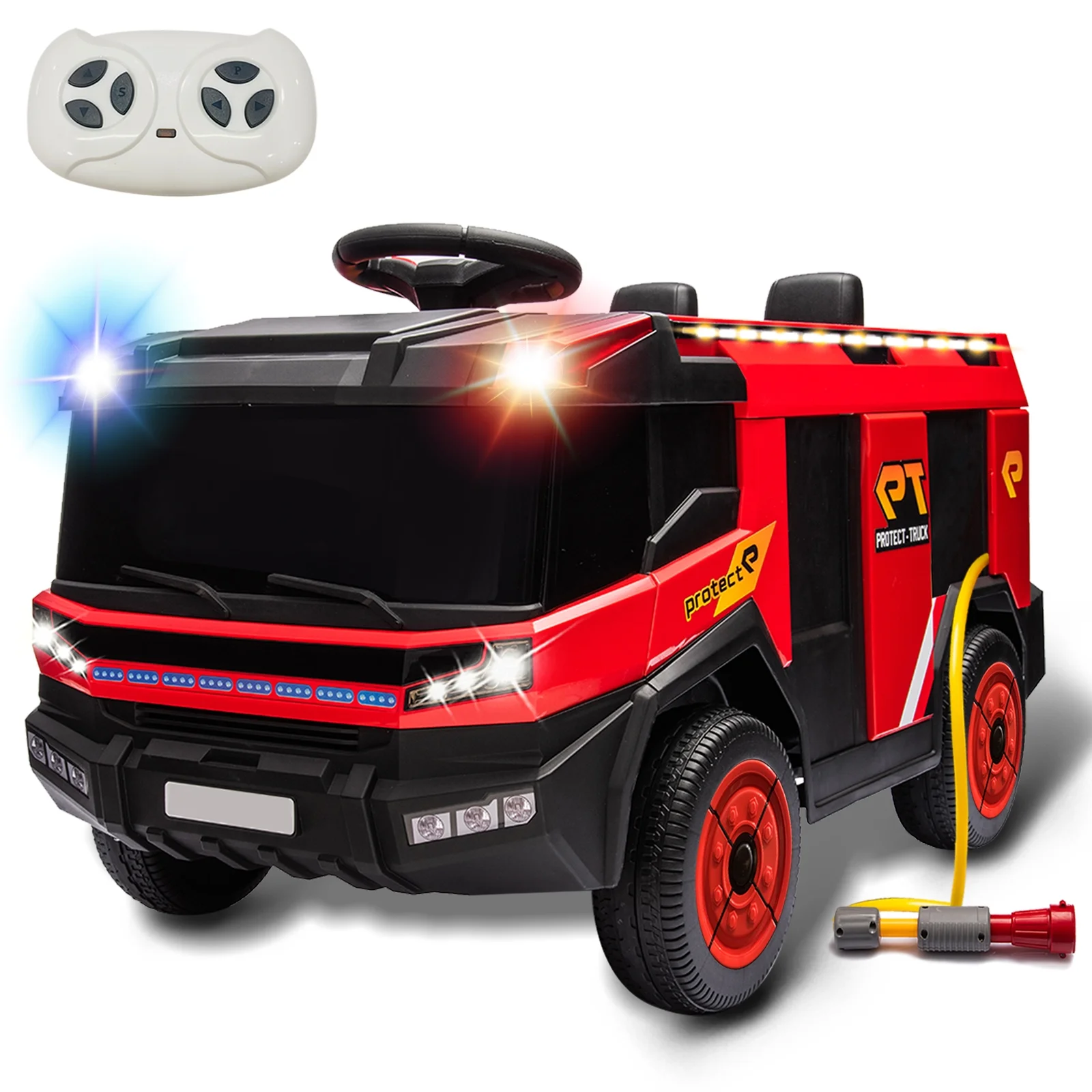 HHVEL 12V Kids Ride-On Car Electric Powered Fire Truck Toy with Bluetooth, MP3 Player, USB Port, Megaphone, and Water Gun for Boys 3+,Red