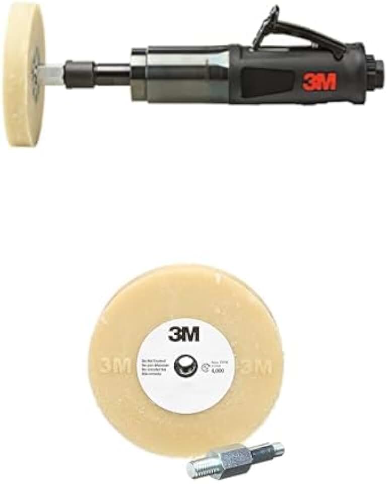3M Die Grinder Air Powered Tool Straight Shaft + 3M Stripe Off Wheel Adhesive Remover Eraser Wheel Removes Decals, Stripes, Vinyl, Tapes and Graphics 4” x 5/8” thick 3/8-16 threaded mandrel 07498