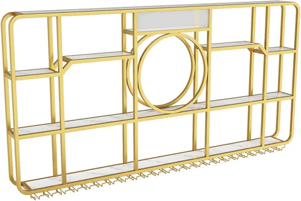 Metal Wine Rack Wall Mounted Hanging Goblet Display Storage,Bar Unit Floating Wine Shelves With LED Light,Large Liquor Bar Display Shelf,For Home Kitchen,Living Room,Home,Cafe(Gold,78.7in/200cm)