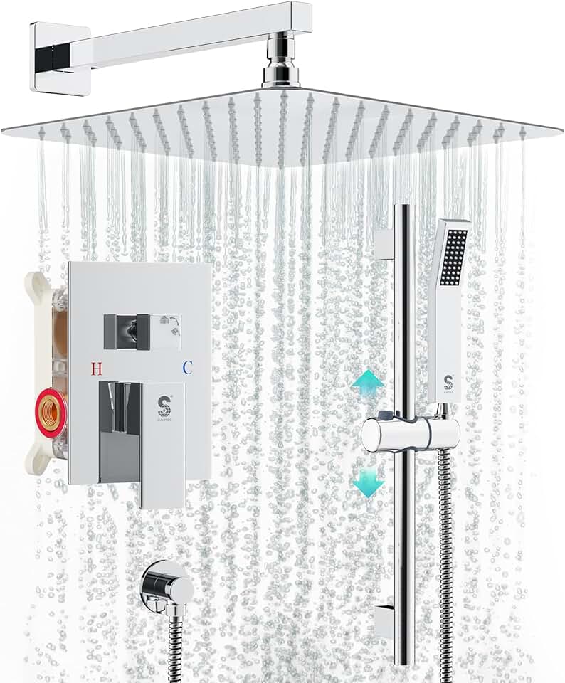 SR SUN RISE 12 Inch Slide Bar Shower System, Square Rain Shower Head and Handheld Spray, Wall Mounted Shower Faucets Sets Complete Included Valve and Shower Trim Kit, Polished Chrome