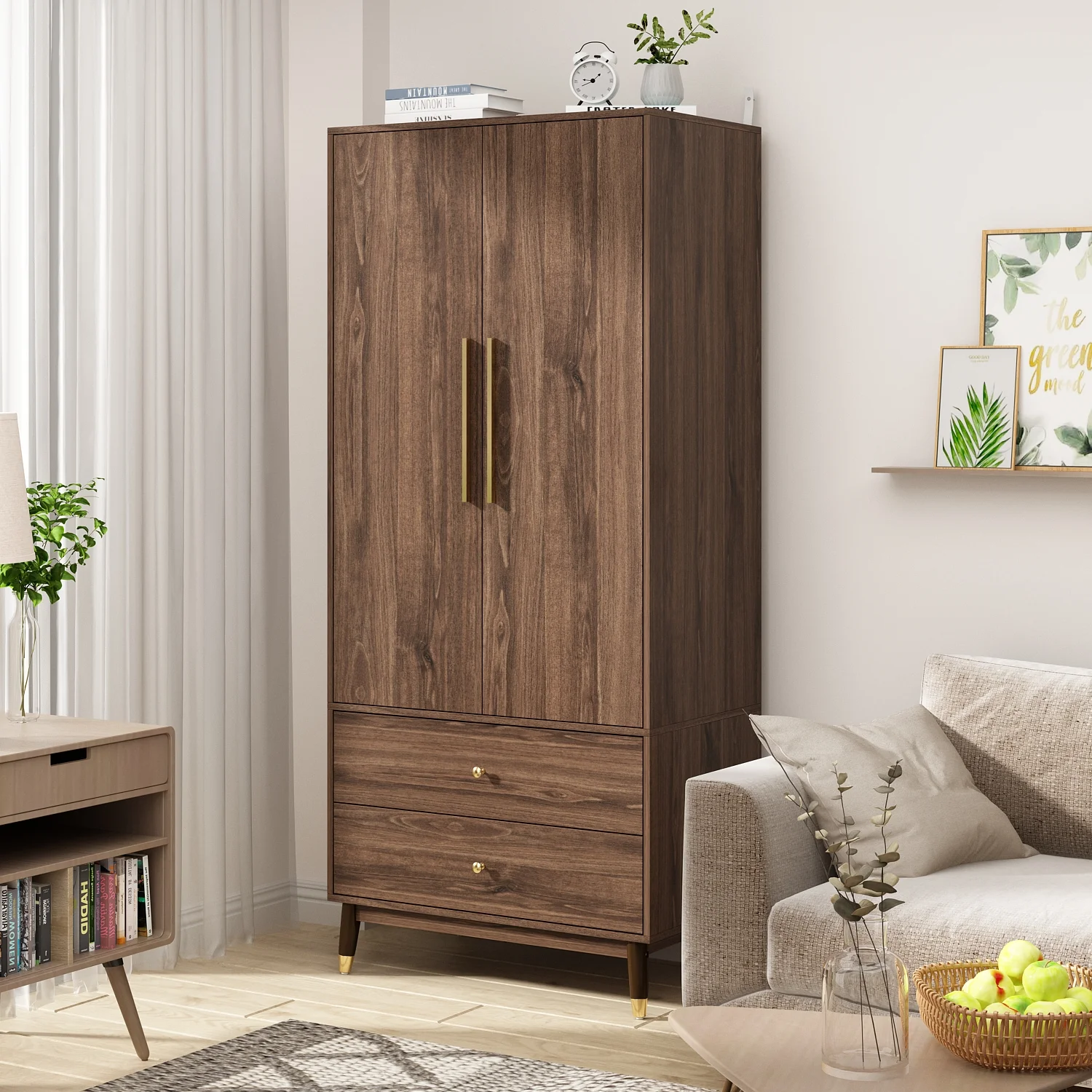 OXYLIFE 2 Door Wardrobe Armoire, Clothing Storage Cabinet with Hanging Rod and Bottom Drawers for Bedroom, Walnut