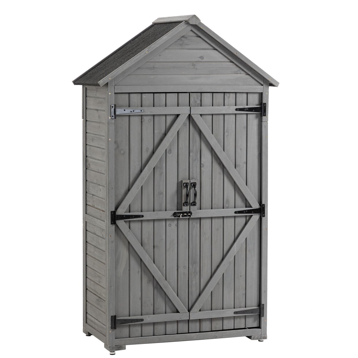Outdoor Storage Cabinet, Garden Wood Tool Shed, Outside Wooden Shed Closet with Shelves and Latch, Vertical Organizer Cabinet with Double Lockable Doors for Yard and Garden, Gray