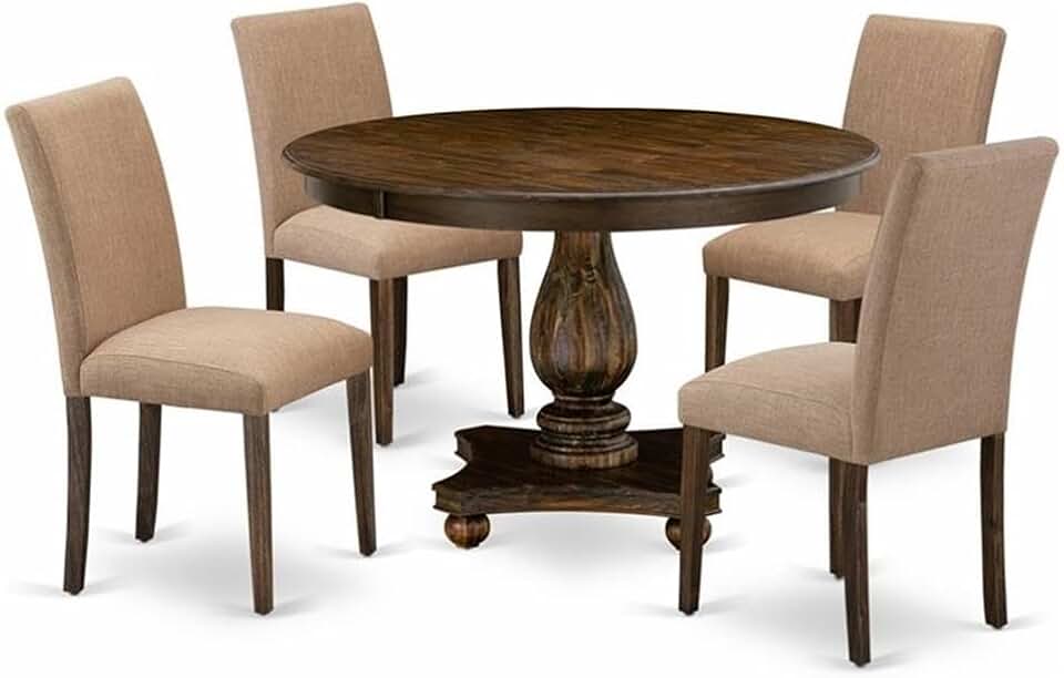 East West Furniture F2AB5-747 Ferris 5 Piece Room Furniture Set Includes a Round Dining Table with Pedestal and 4 Light Sable Linen Fabric Upholstered Chairs, 48x48 Inch