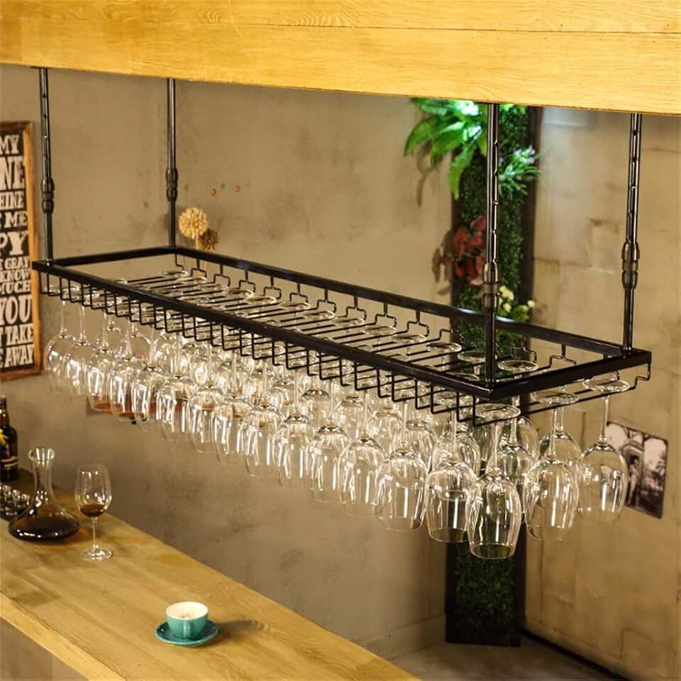 Industrial Metal Iron Wine Glass Rack Adjustable Ceiling Hanging Wine Bottle Holder Wine Glass Stand Holds Any Type of Stemware Glassware Wine Glasses and Flutes Sand