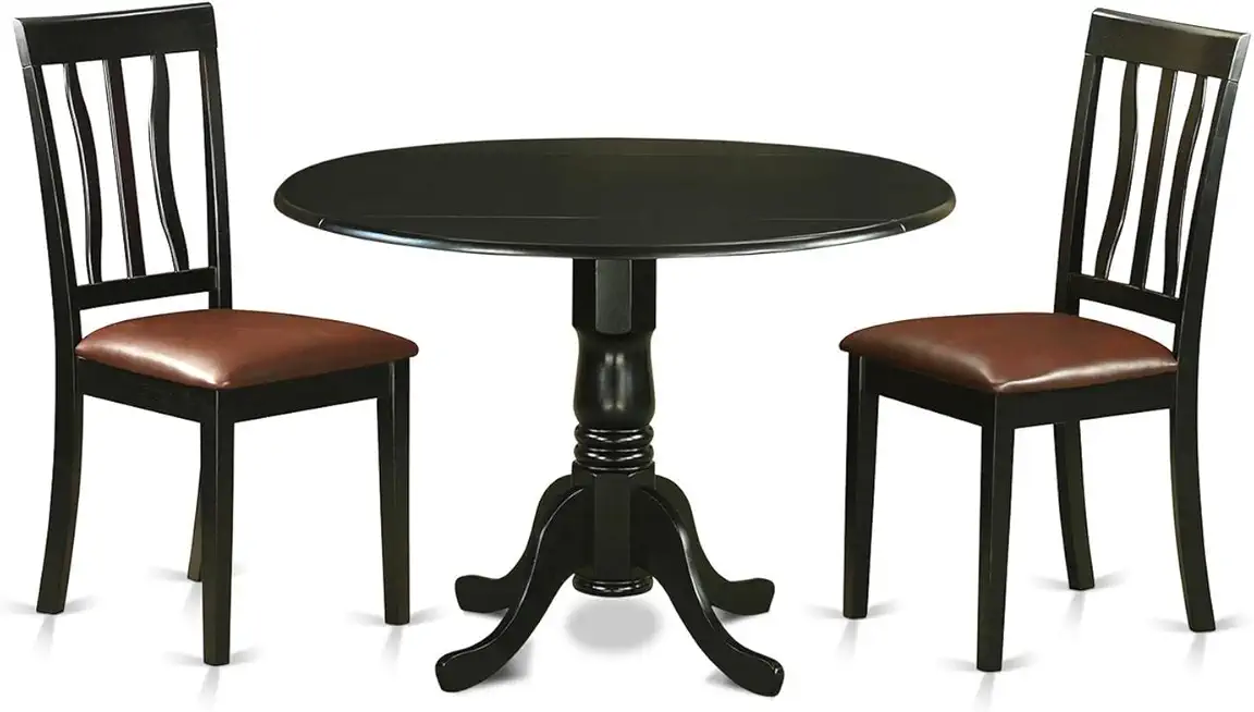 East West Furniture DLAN3-BLK-LC 3 Piece Dinette Set for Small Spaces Contains a Round Dining Table with Dropleaf and 2 Faux Leather Upholstered Dining Chairs, 42x42 Inch, Black