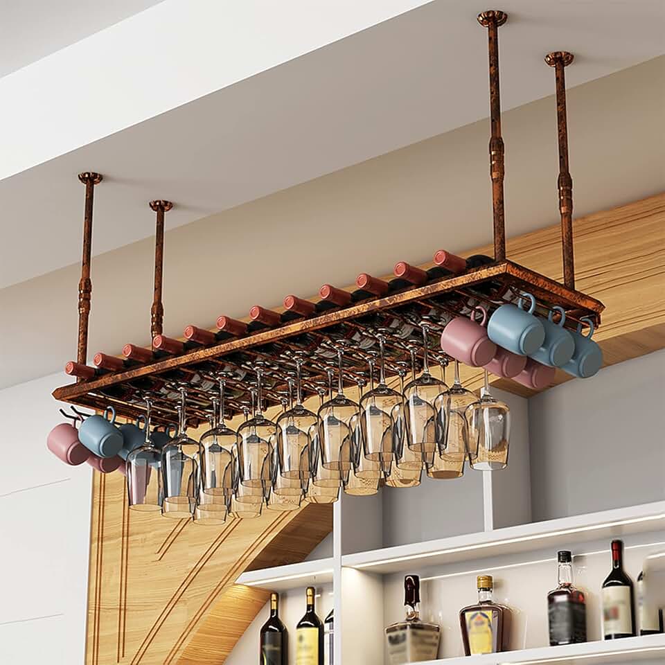 Ceiling Wine Glass Rack, Adjustable Hanging Metal Wine Holder, Floating Iron Bottle Holder Wine Shelf, Wine Rack Storage Shelve for Bar Cafe Kitchen Party
